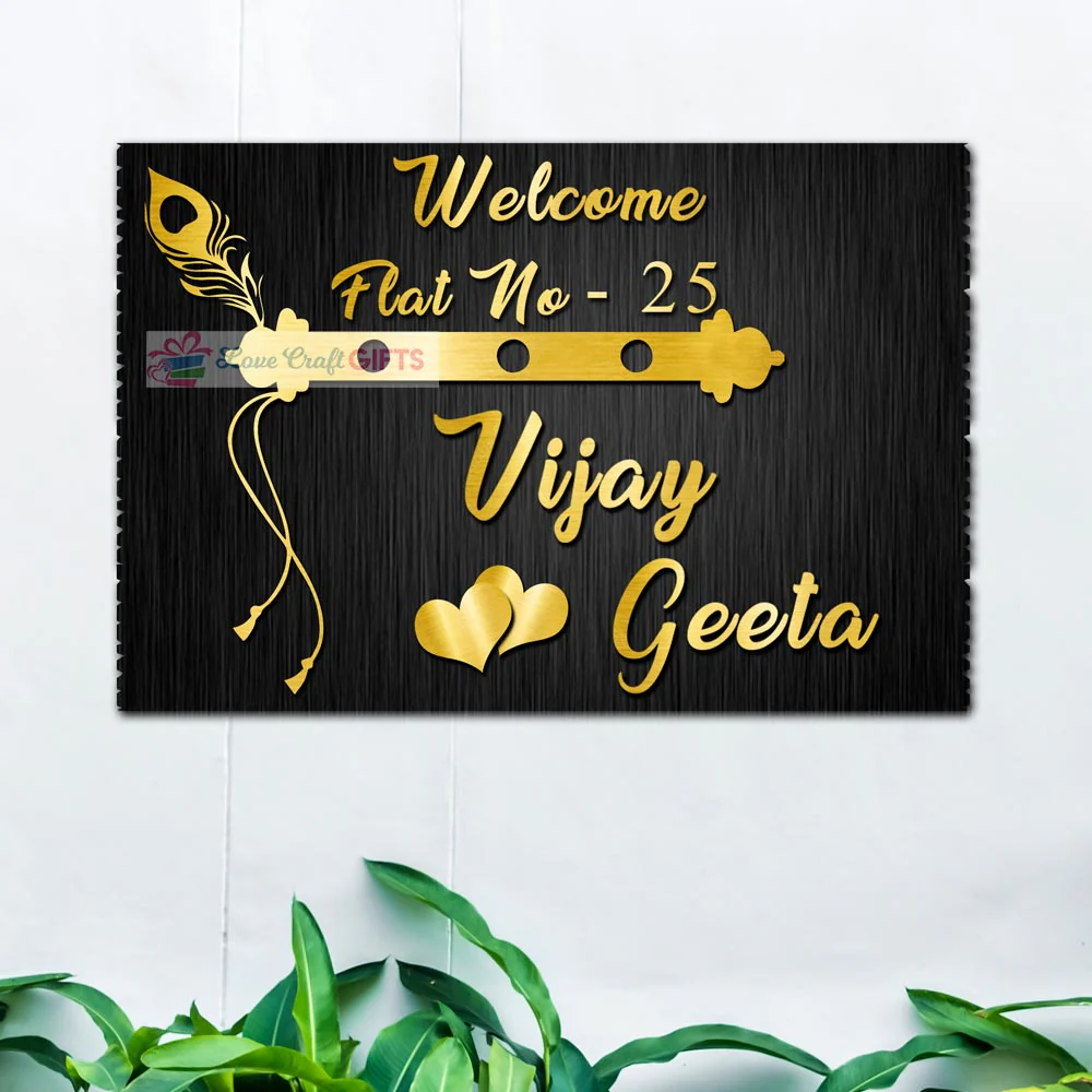 Bansuri Design Wooden Home Name Plates-12x15"