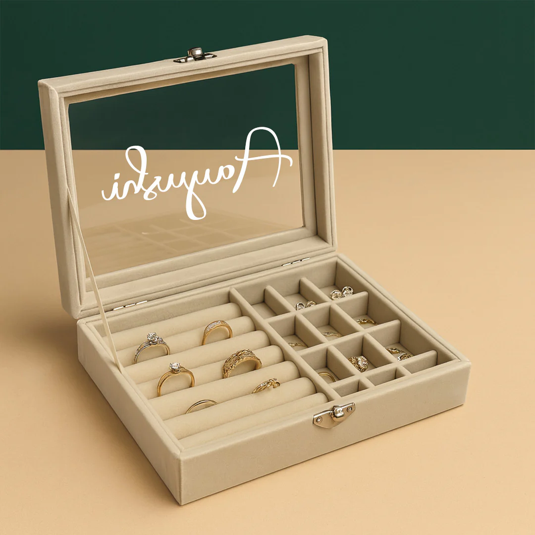 Beige Velvet Jewellery Organizer Box - Image 4