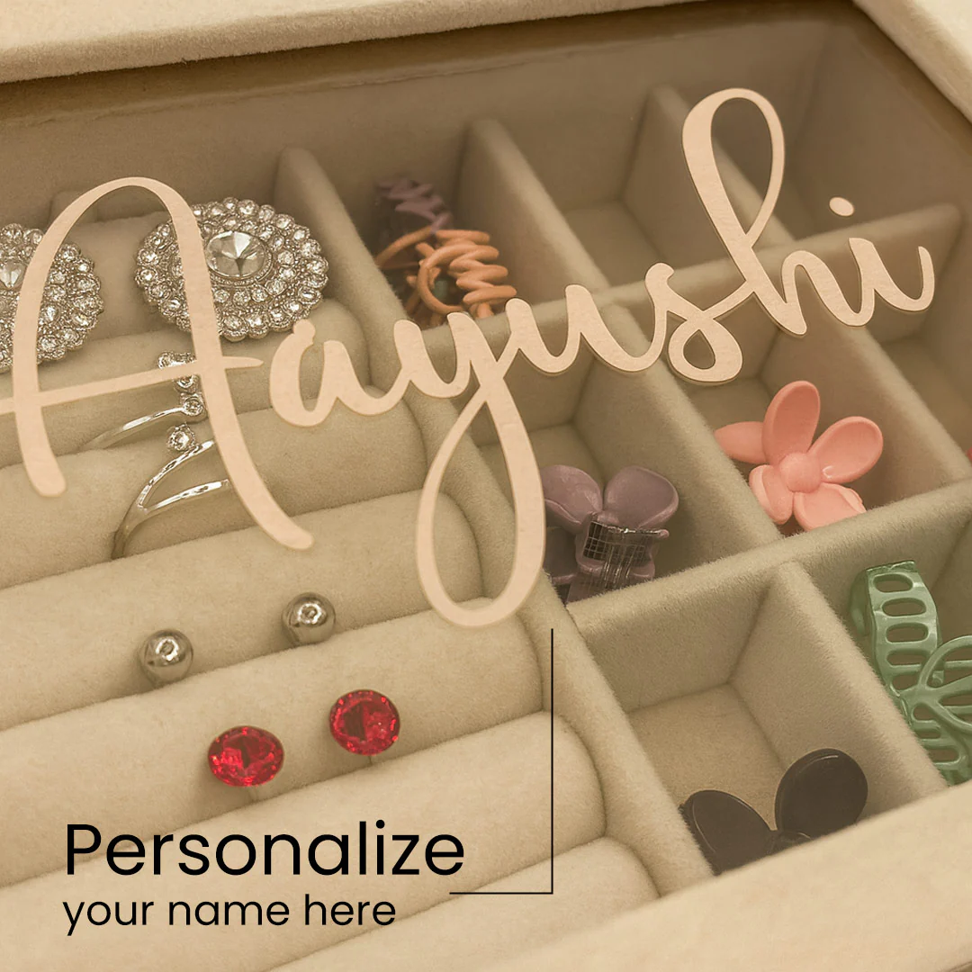 Beige Velvet Jewellery Organizer Box with Jewellery - Image 2