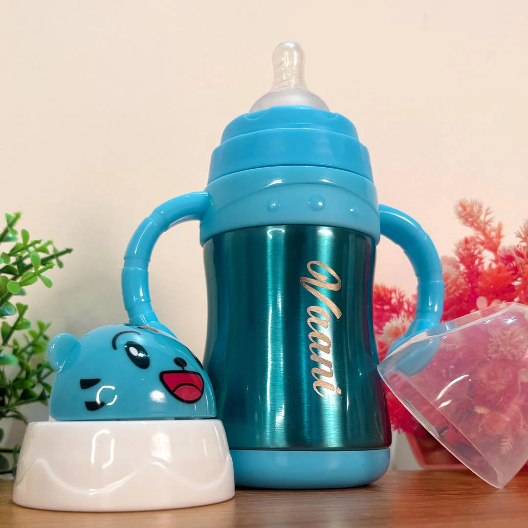 Blue Stainless Steel Baby Bottle for Infant With Name (240 ml) - Image 6