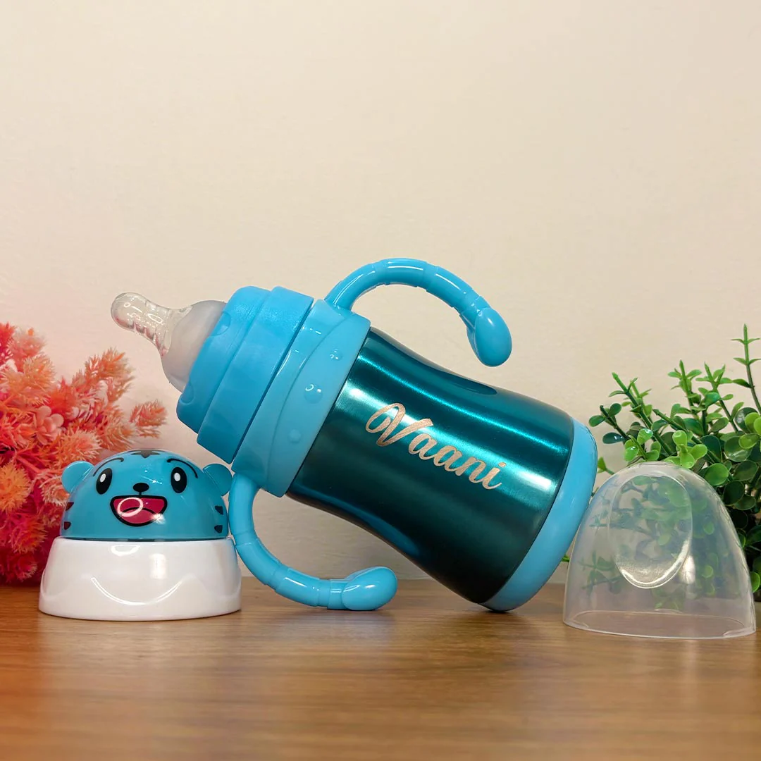 Blue Stainless Steel Baby Bottle for Infant With Name (240 ml) - Image 7