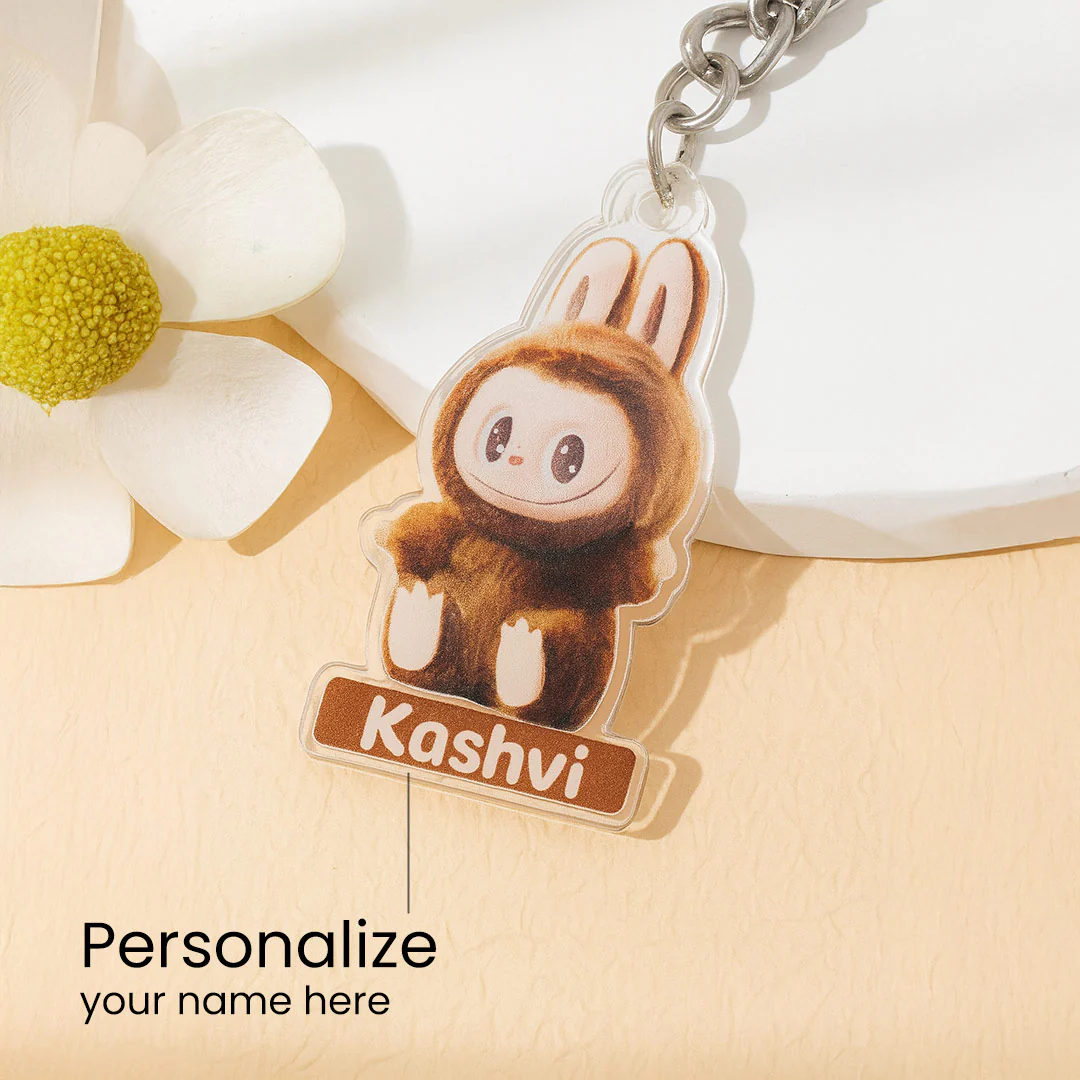 Brown Fuzzy Labubu Keychain – Custom Name - Image 2