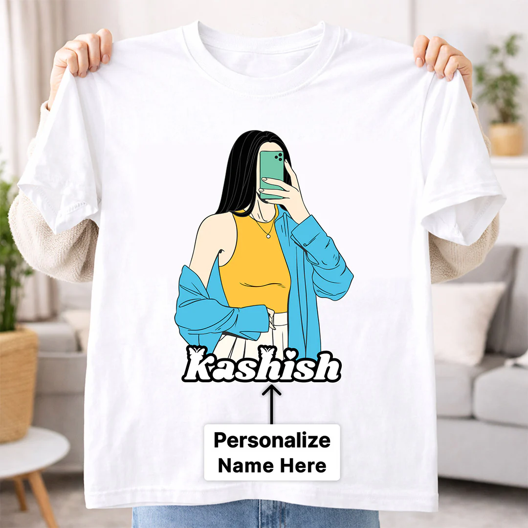 Custom Girl Illustration Name Print White T-Shirt - Image 2