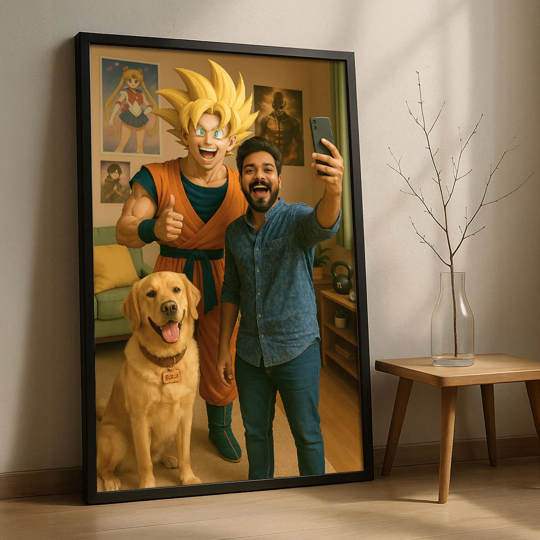 Custom Goku Selfie Wall Art with Wooden Frame