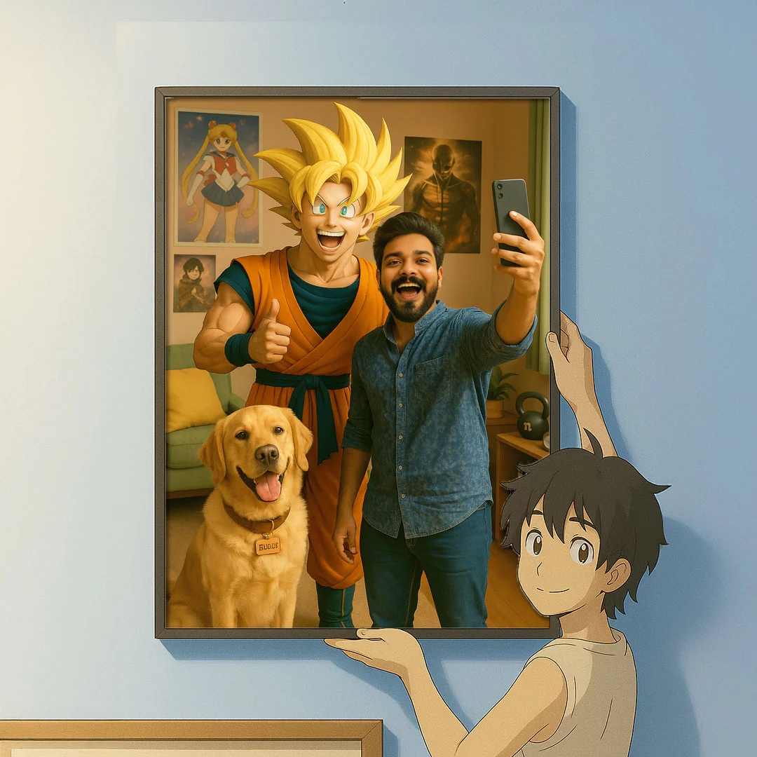 Custom Goku Selfie Wall Art with Wooden Frame - Image 3