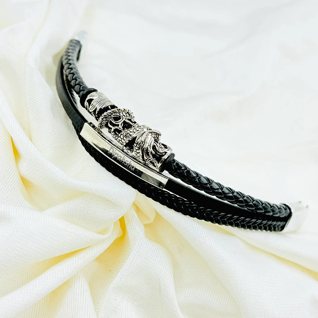 Custom Name Leather Bracelet for Men – Dragon Power Design - Image 2