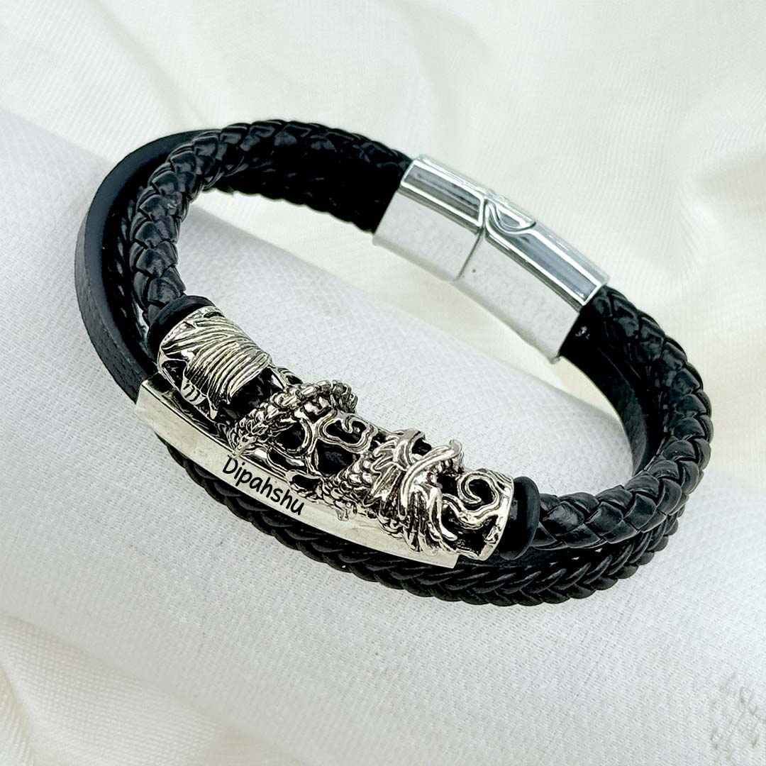 Custom Name Leather Bracelet for Men – Dragon Power Design - Image 3