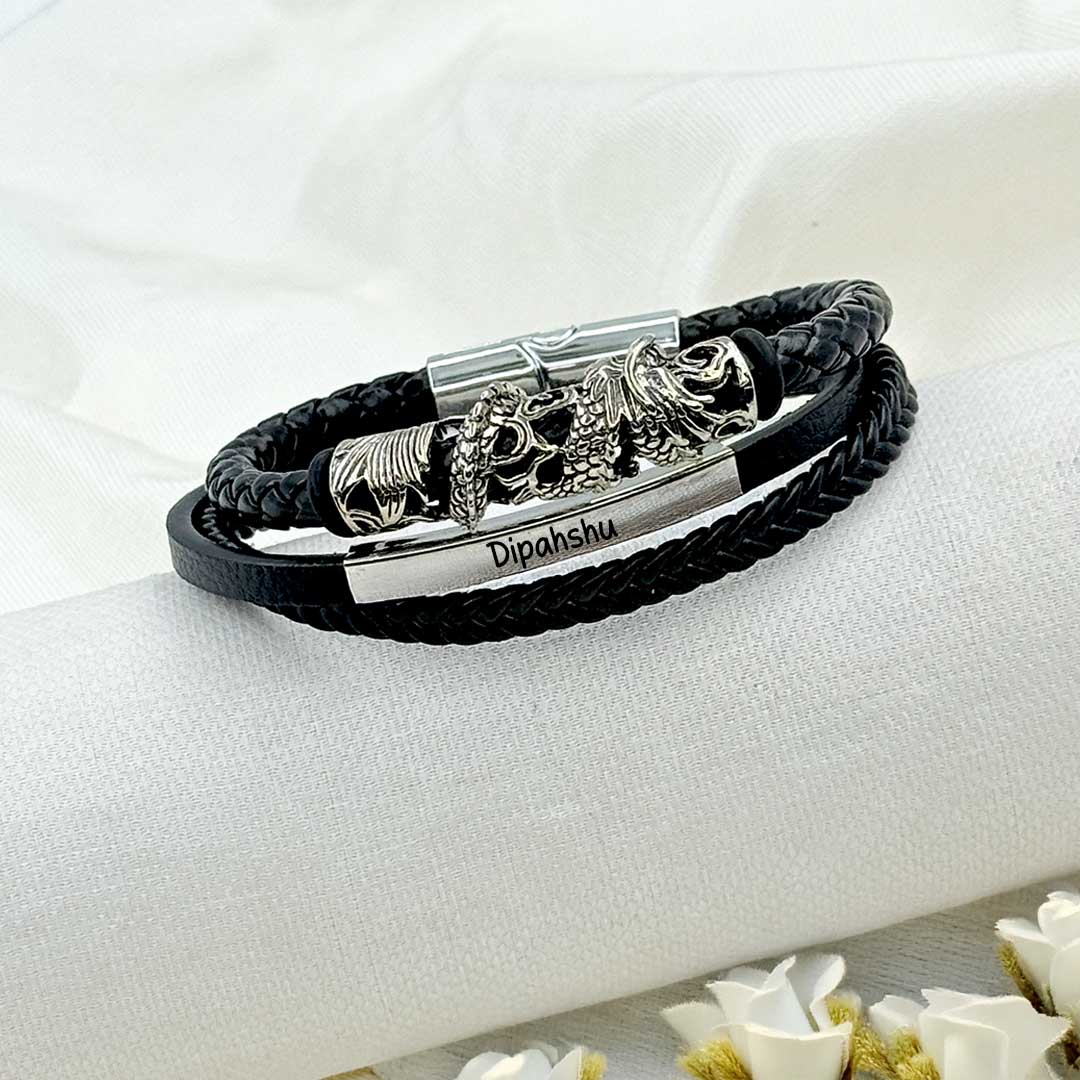 Custom Name Leather Bracelet for Men – Dragon Power Design - Image 4