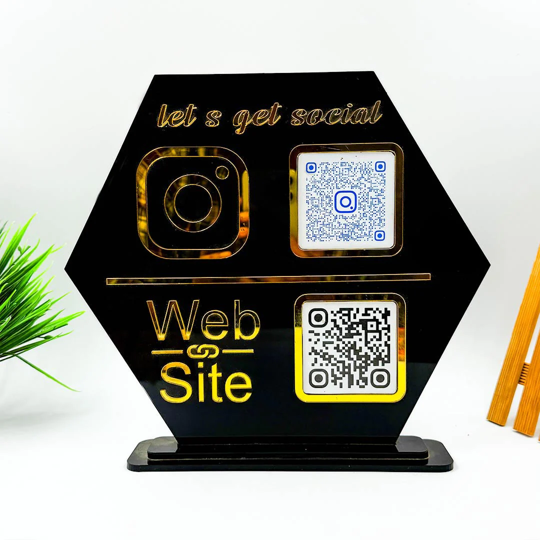 Custom QR Code Stand – Pentagon Shape in Black & White Acrylic