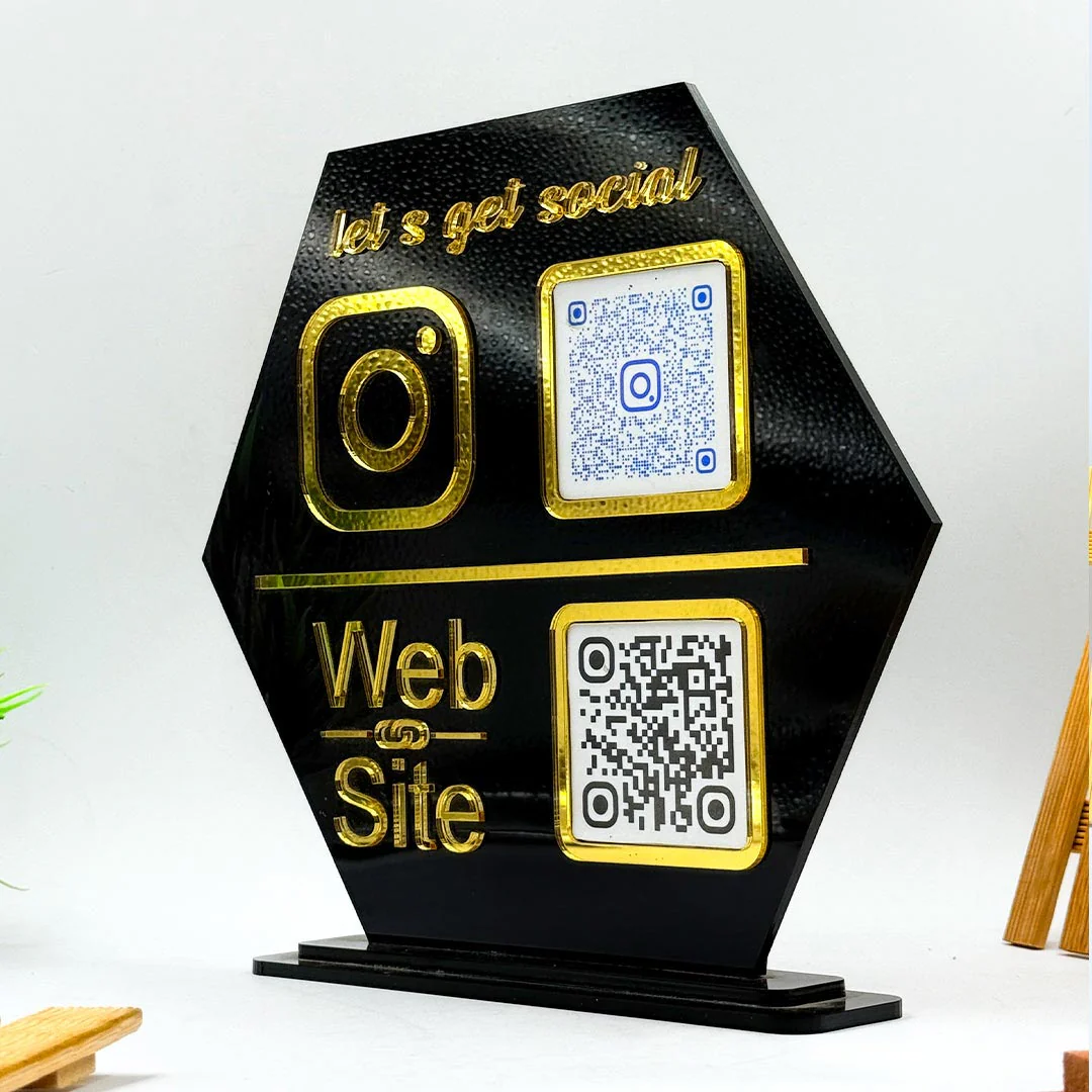 Custom QR Code Stand – Pentagon Shape in Black & White Acrylic - Image 2