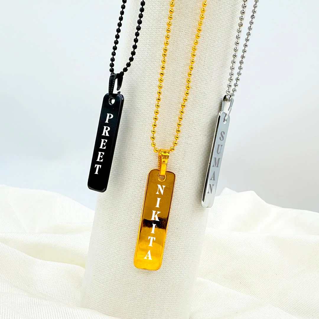 Custom Vertical Metal Name Pendant – Gold, Black & Silver Finish Options - Image 5