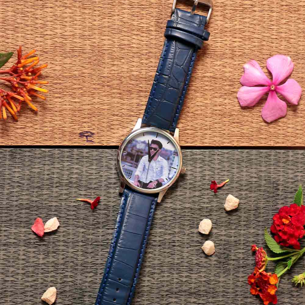 Customized Blue Leather Wrist Watch