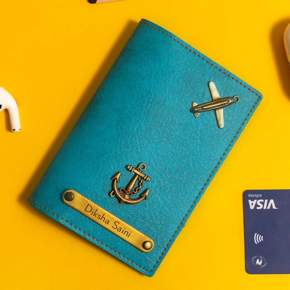 Personalized Leather Passport Cover With Name & Charm - Ice Blue