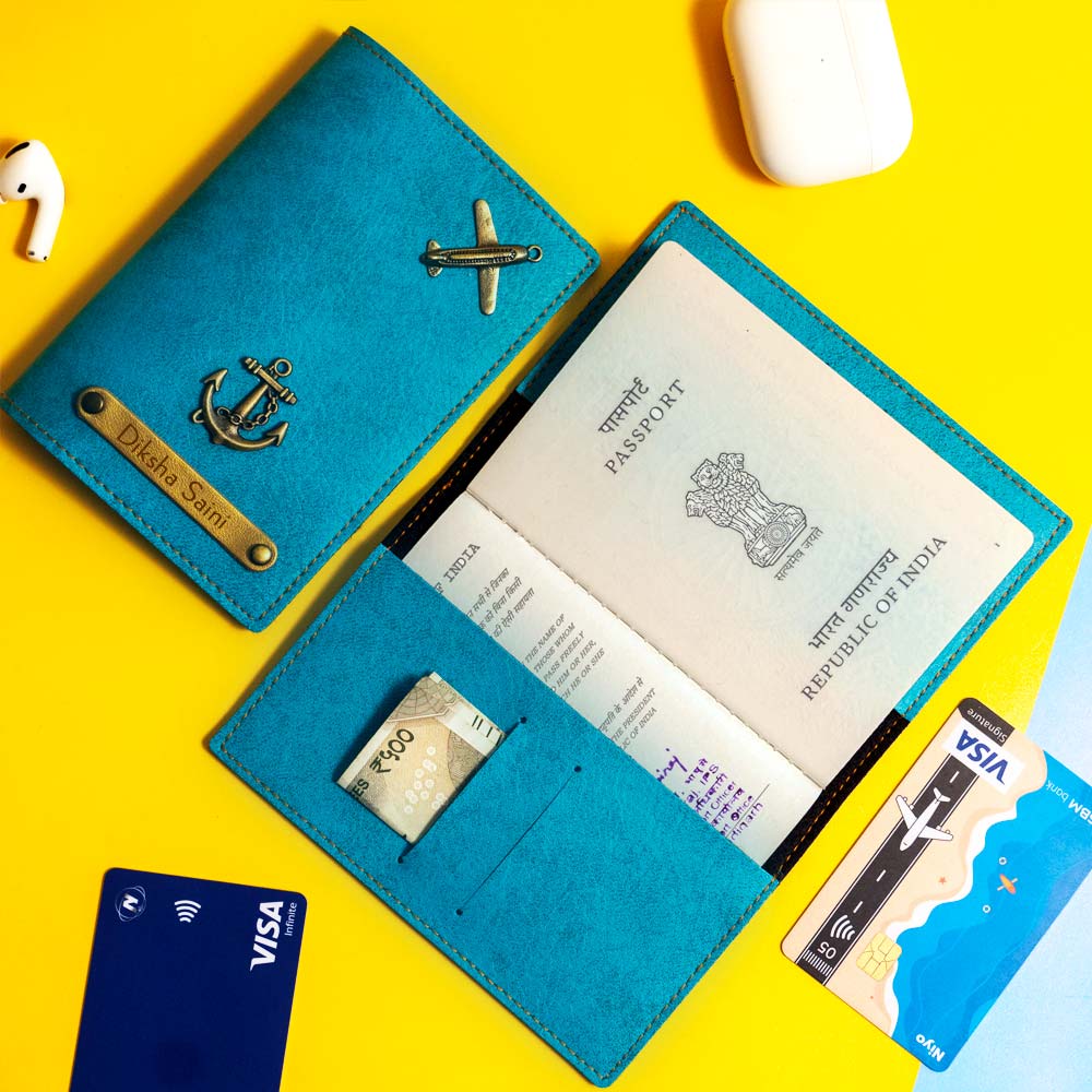 Personalized Leather Passport Cover With Name & Charm - Ice Blue - Image 3