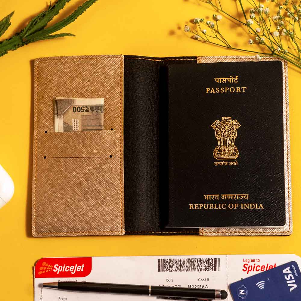Personalized Leather Passport Cover With Name & Charm - Harvest Gold - Image 2