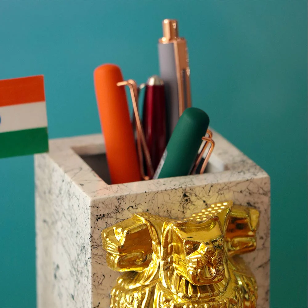 Customized Wooden Pen Stand With Clock, Indian Flag, Ashok Pillar - Image 5
