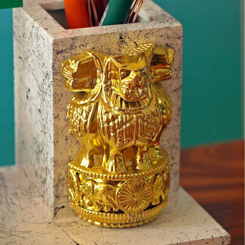 Customized Wooden Pen Stand With Clock, Indian Flag, Ashok Pillar - Image 6