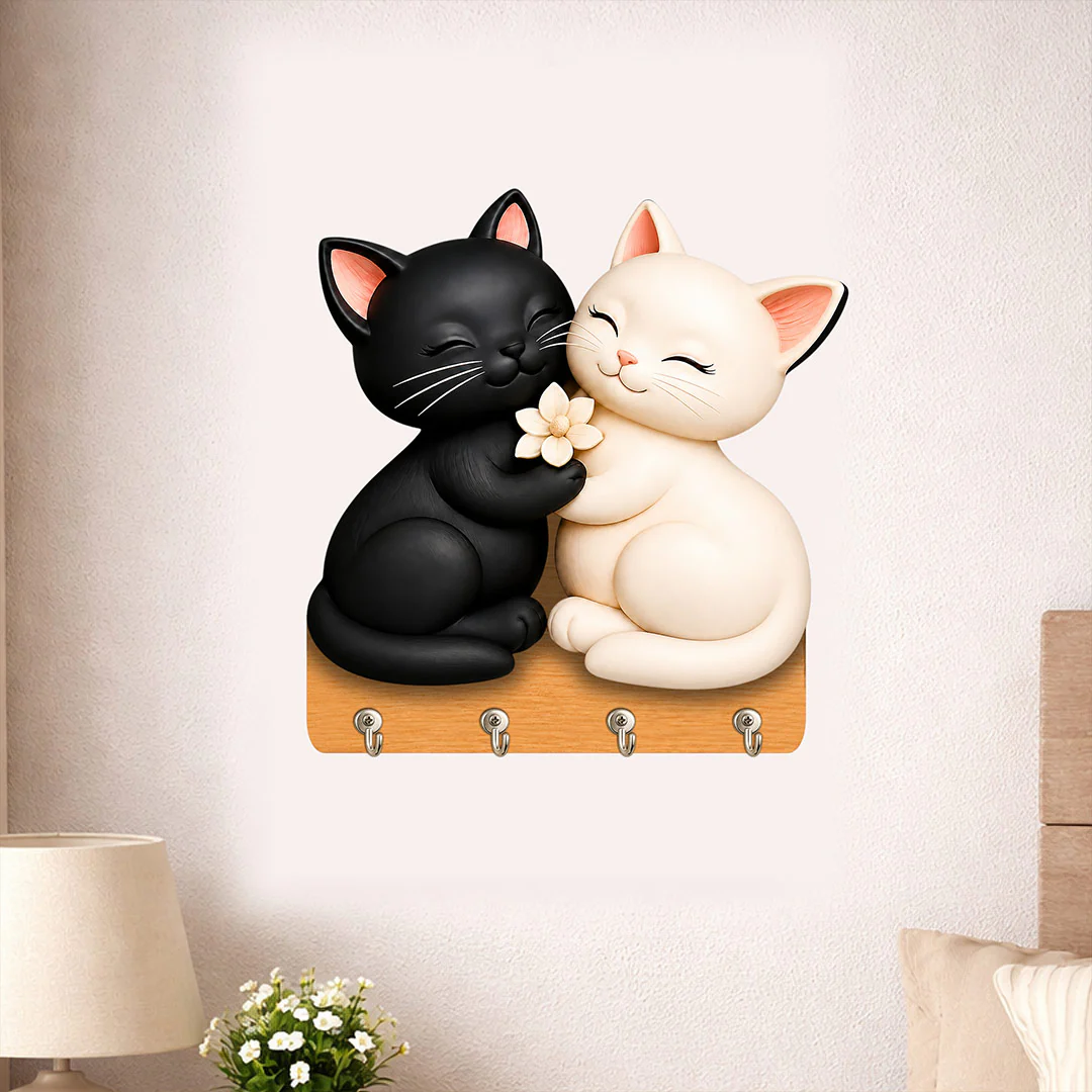 Cute Cat Couple Wooden Key Holder | Home Organizer Gift for Cat Lovers & Couples - 7x7"