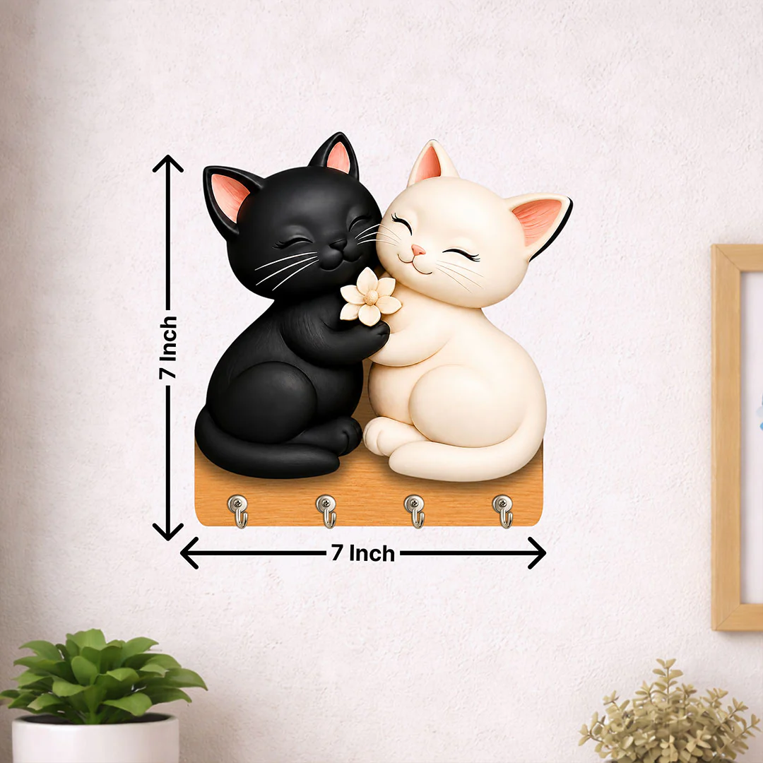 Cute Cat Couple Wooden Key Holder | Home Organizer Gift for Cat Lovers & Couples - 7x7" - Image 2