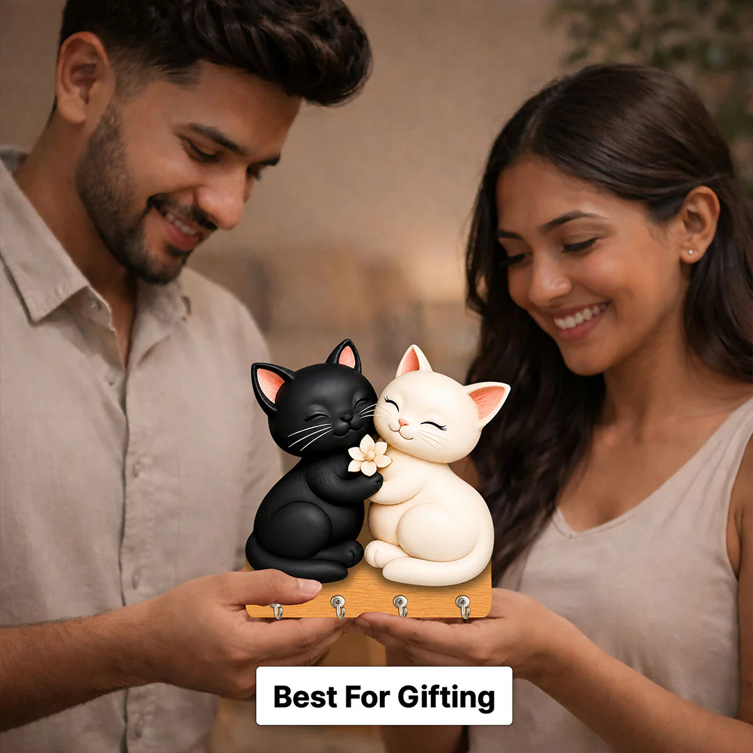 Cute Cat Couple Wooden Key Holder | Home Organizer Gift for Cat Lovers & Couples - 7x7" - Image 3