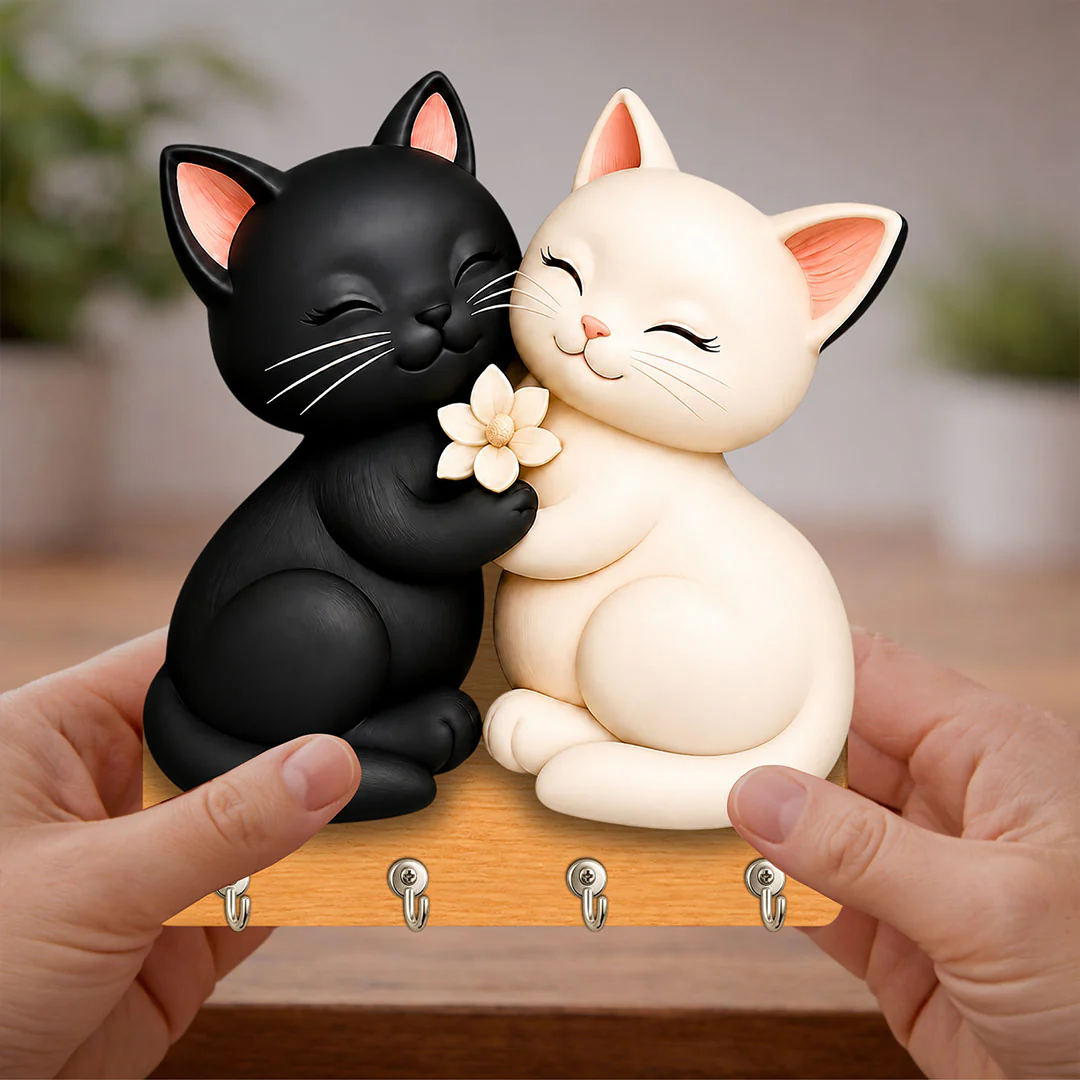 Cute Cat Couple Wooden Key Holder | Home Organizer Gift for Cat Lovers & Couples - 7x7" - Image 5