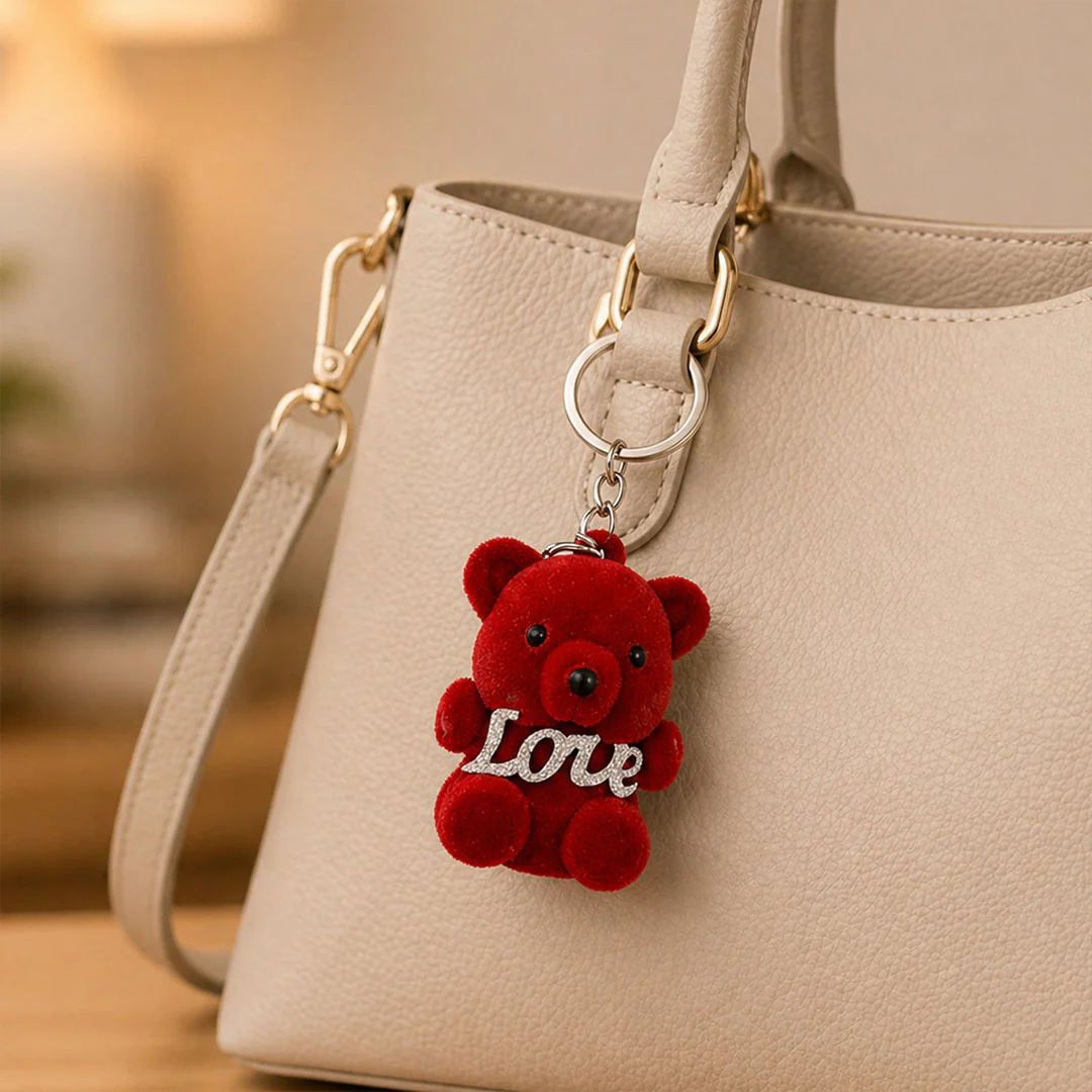 Cute Teddy Bear Love Keychain – Adorable Soft Plush Bag Charm Gift for Girls & Couples