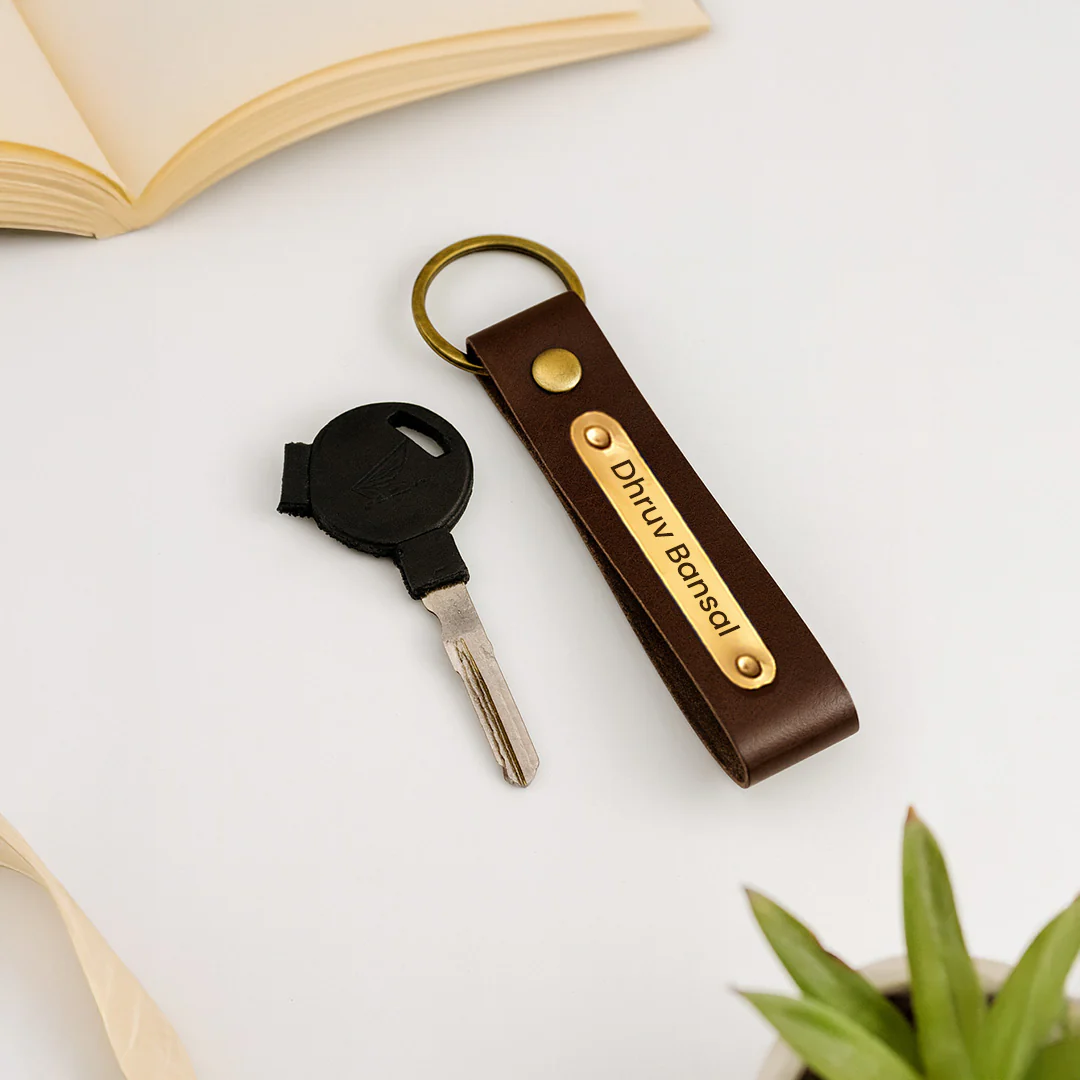 Dark Brown Leather Keychain with Name - Image 3