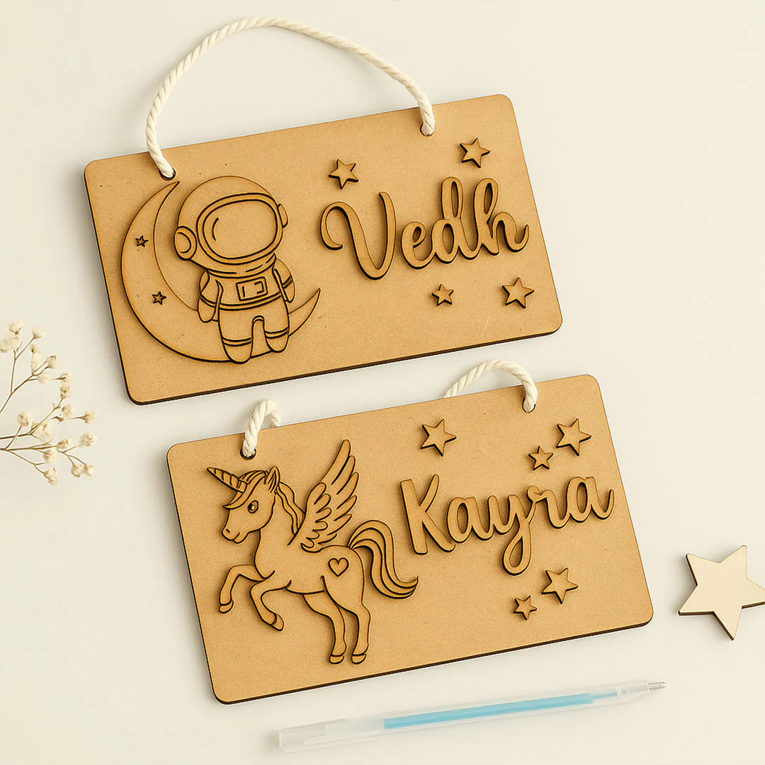 DIY Wooden Nameplate for Kids – Astronaut & Unicorn (4x8") - Image 3