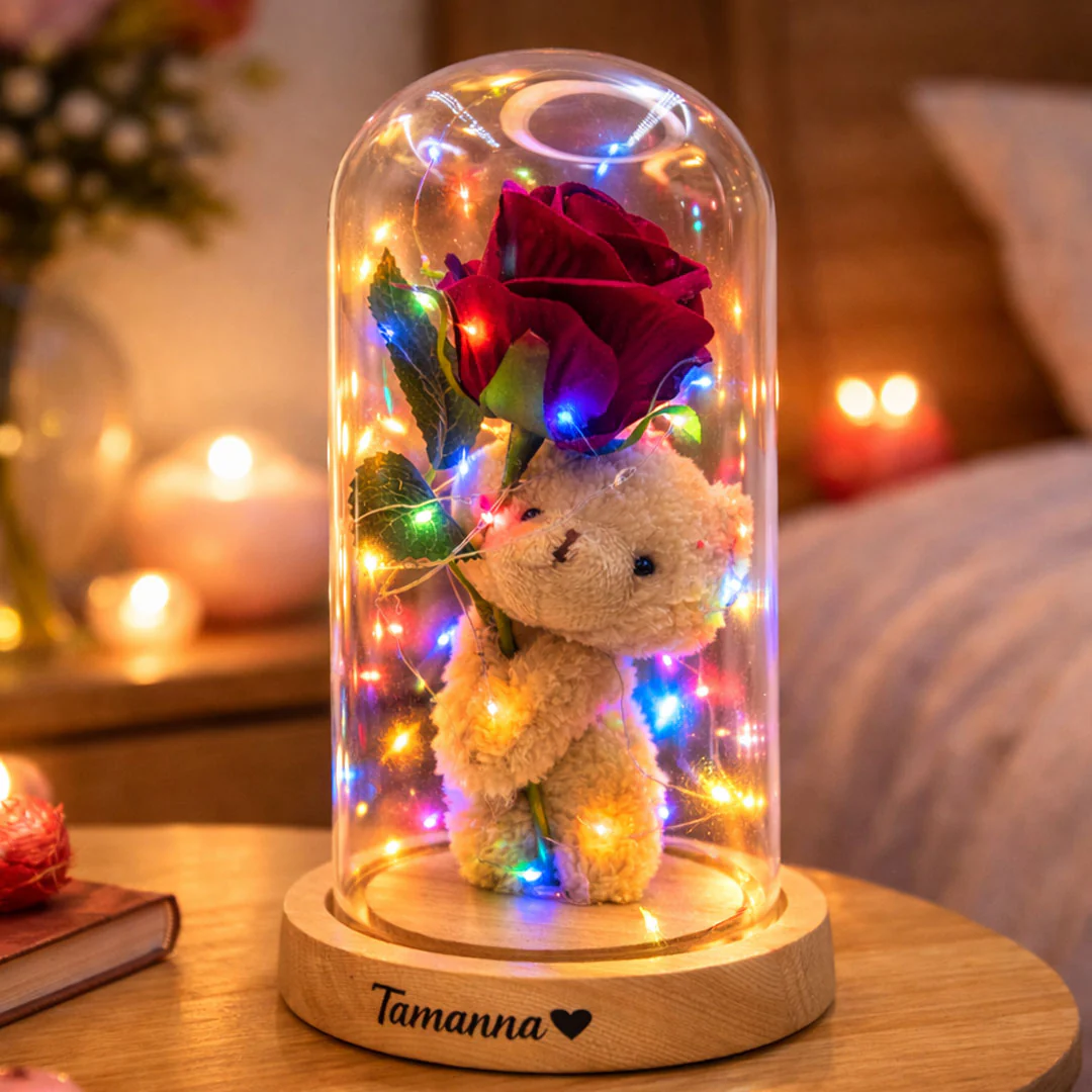 Eternal Rose Glow – Personalized Teddy Dome LED Gift