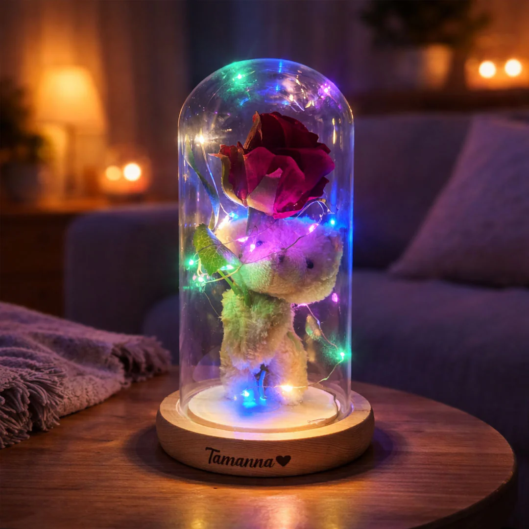 Eternal Rose Glow – Personalized Teddy Dome LED Gift - Image 3