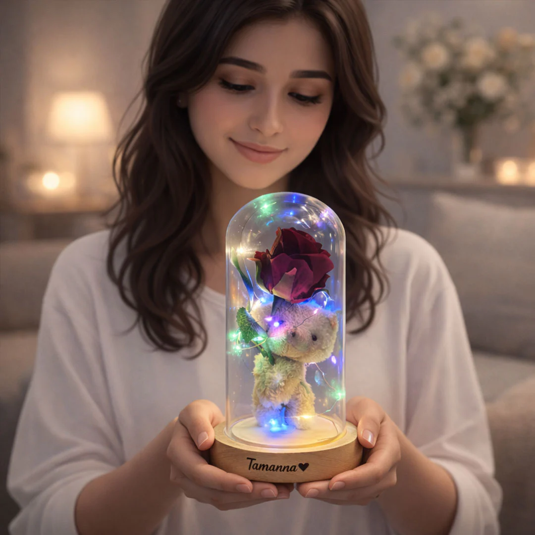 Eternal Rose Glow – Personalized Teddy Dome LED Gift - Image 4
