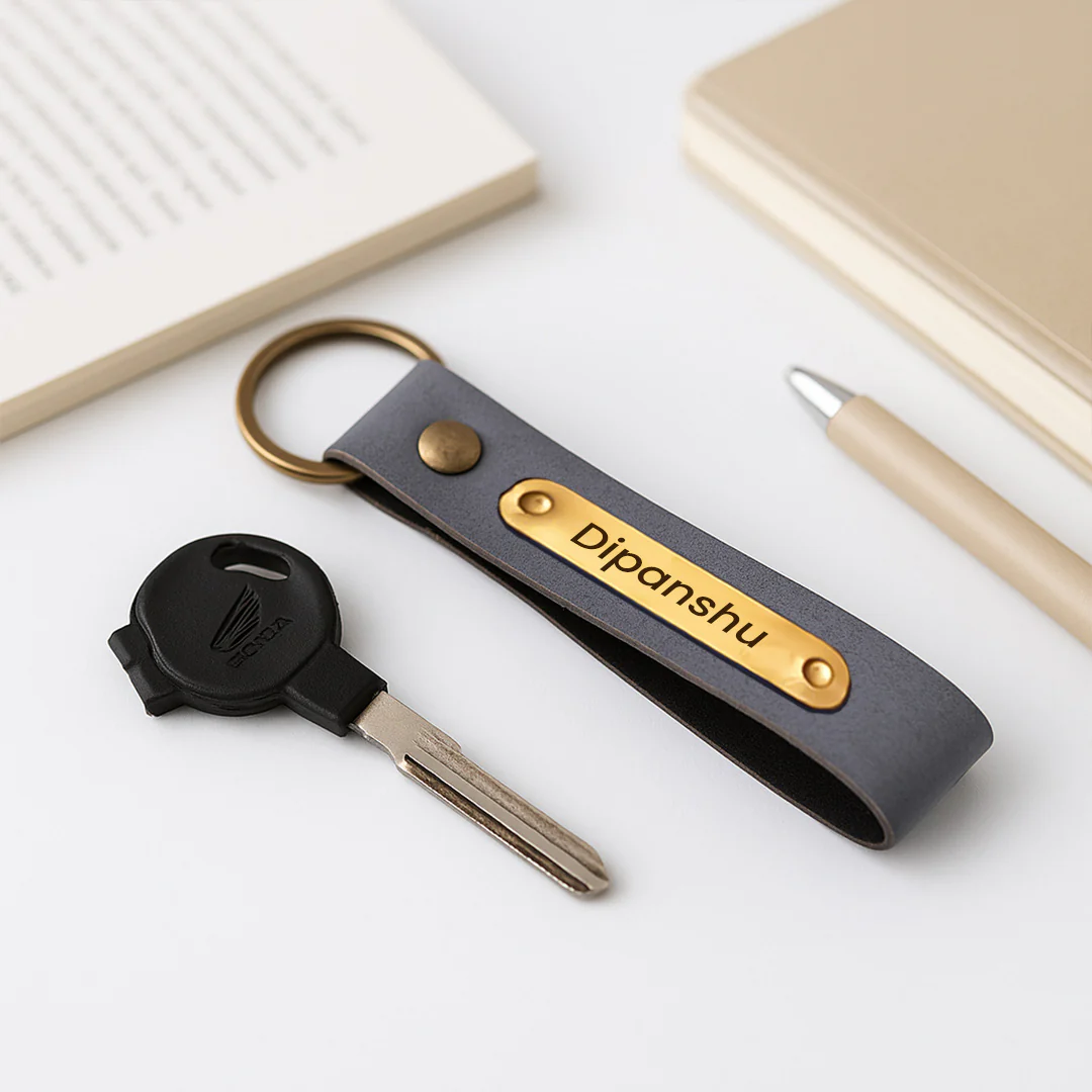 Grey Leather Keychain with Name