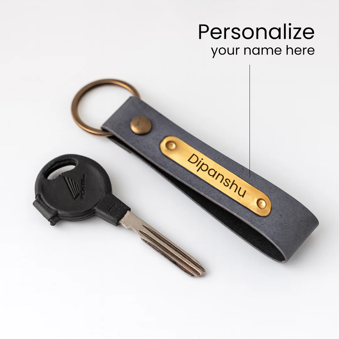 Grey Leather Keychain with Name - Image 2