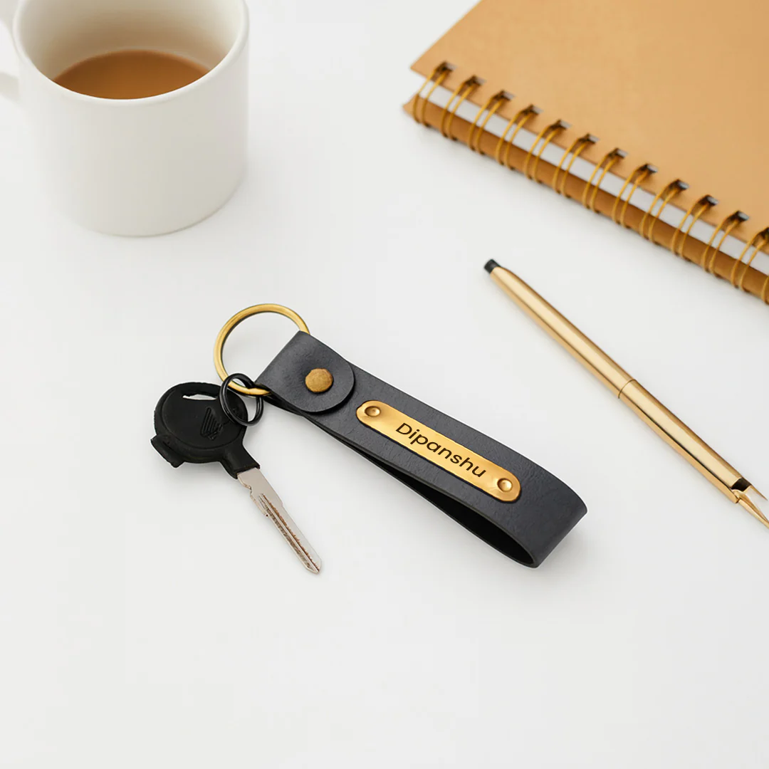 Grey Leather Keychain with Name - Image 3