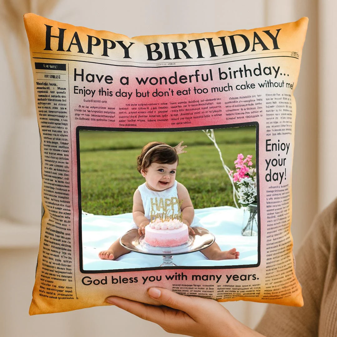 Happy Birthday Newspaper Style Cushion