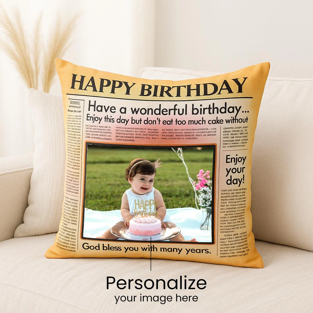 Happy Birthday Newspaper Style Cushion - Image 2