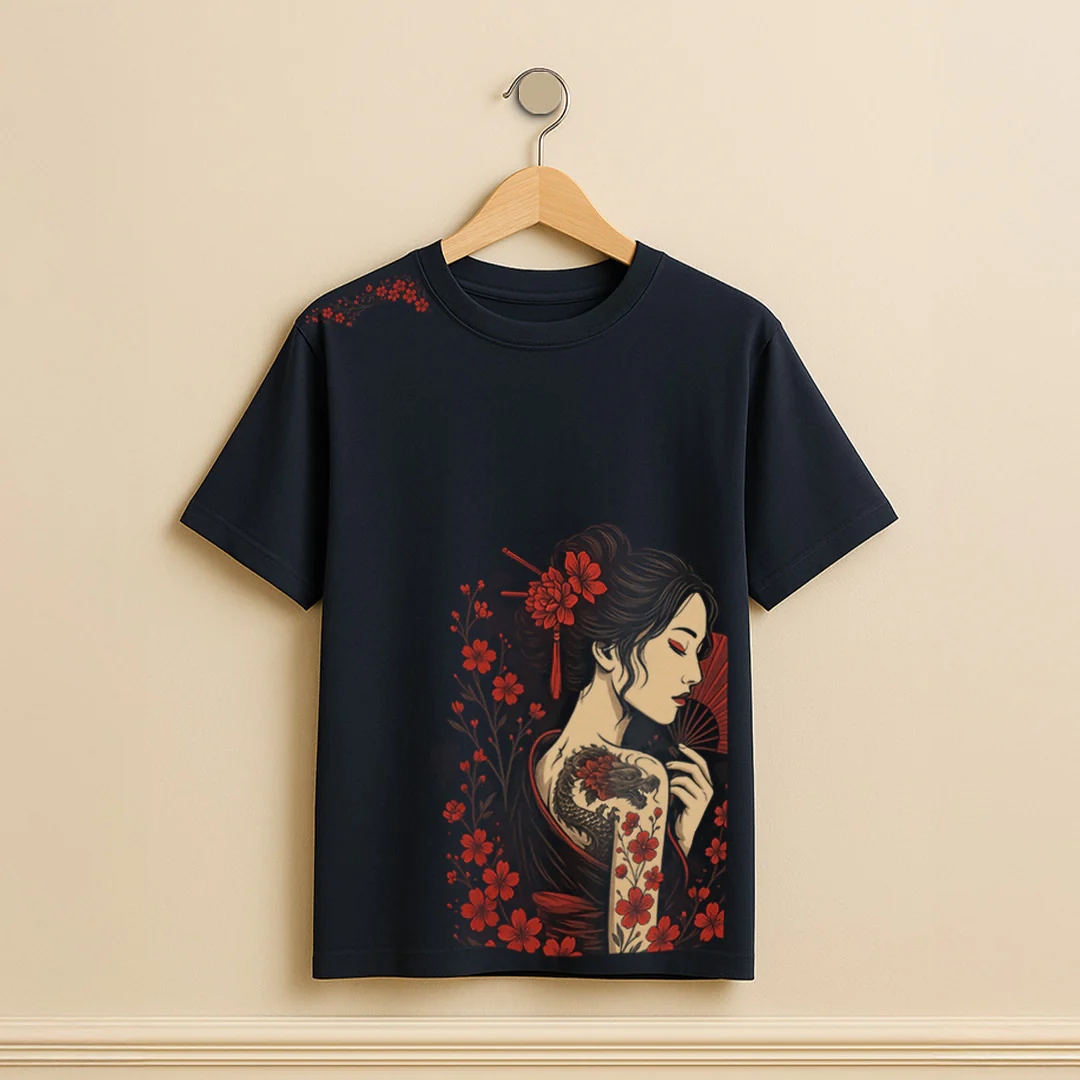 Japanese Geisha Floral Art T-Shirt - Image 5