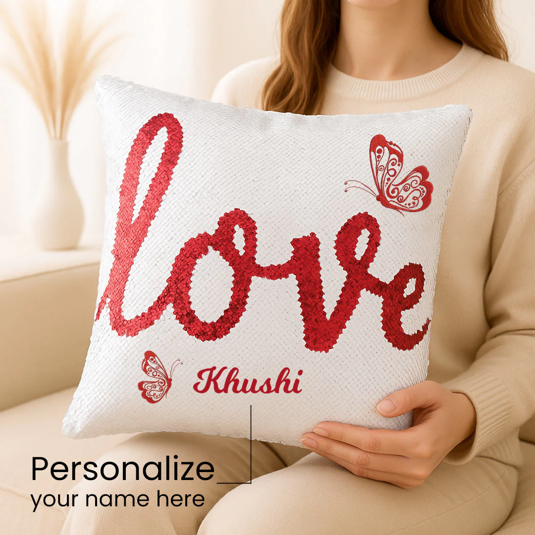 Love Sequin Cushion with Name - Image 2