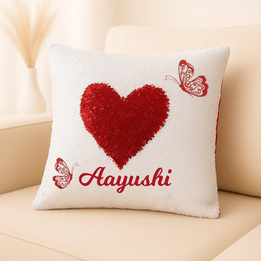 Love Sequin Cushion with Name - Image 3