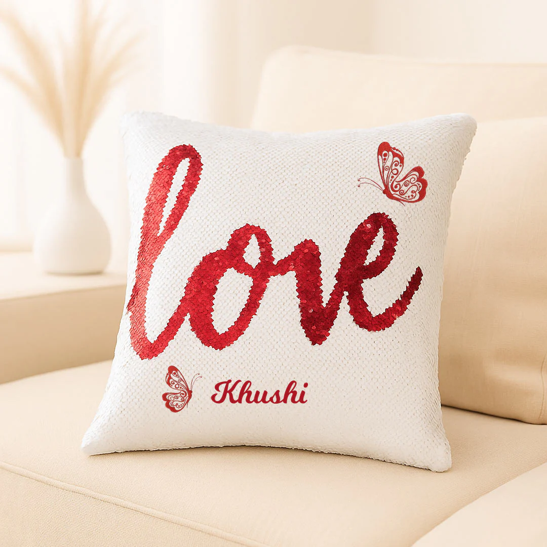 Love Sequin Cushion with Name - Image 4