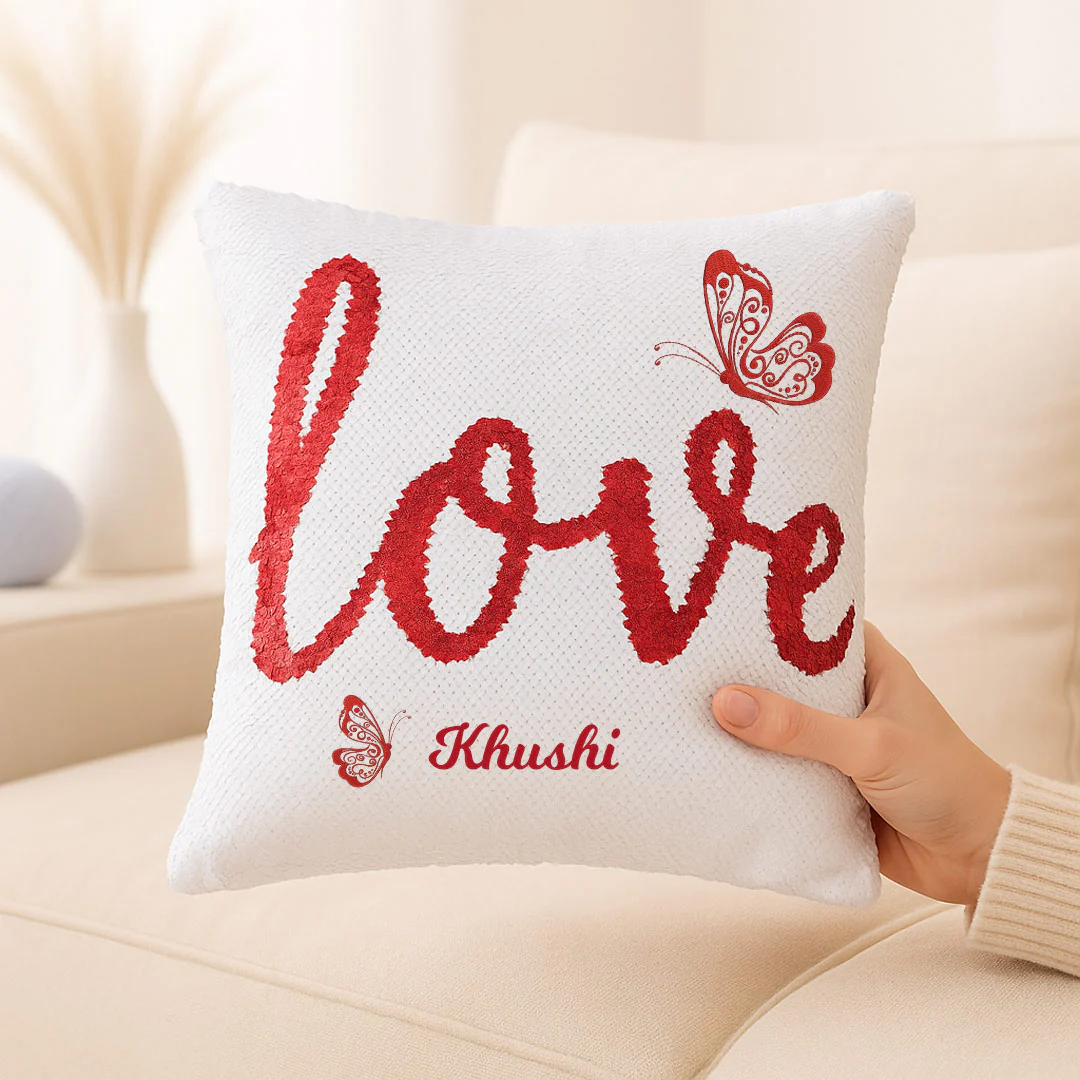 Love Sequin Cushion with Name - Image 6