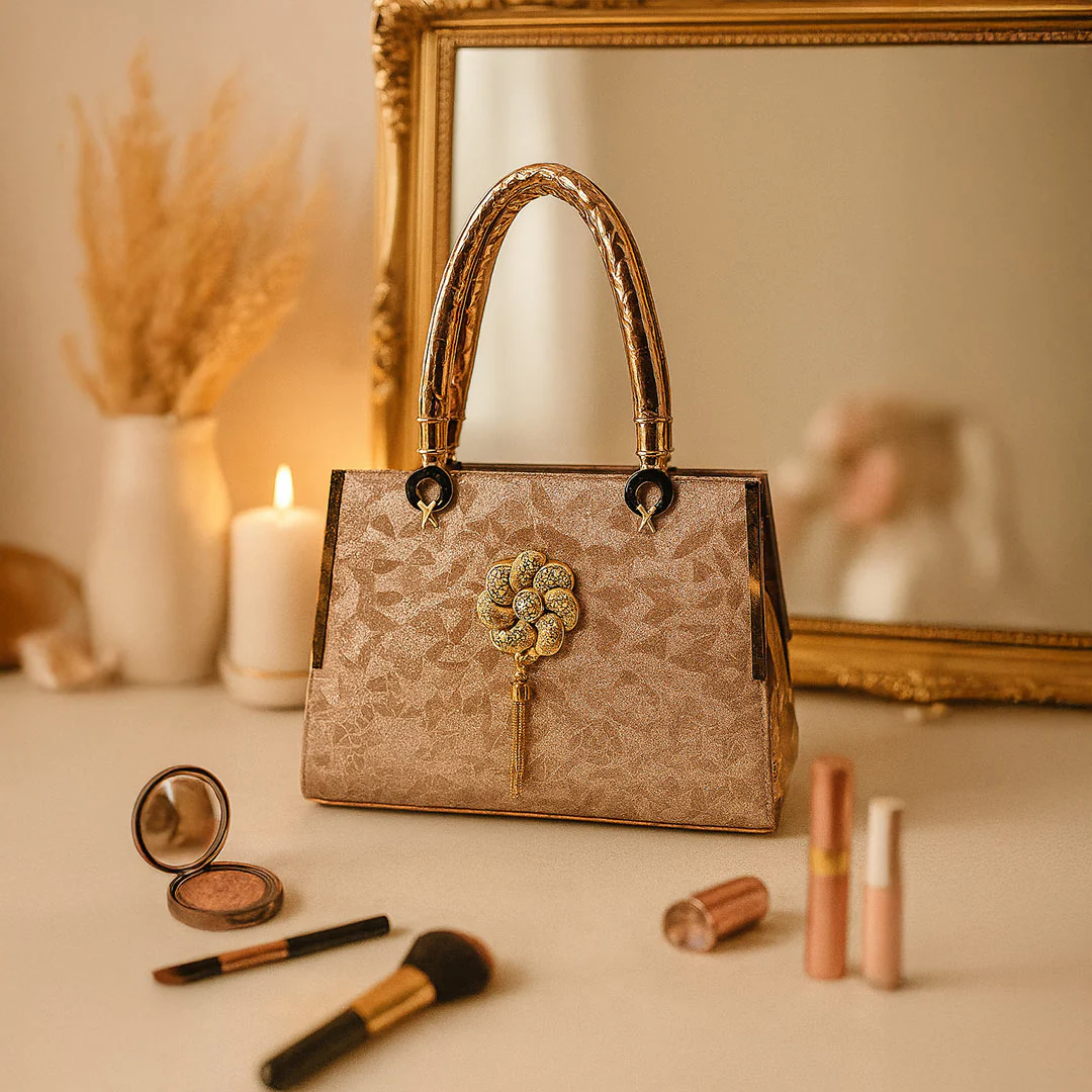 Luxury Women’s Handbag – Gold Embellished Floral Brooch Design - Image 4
