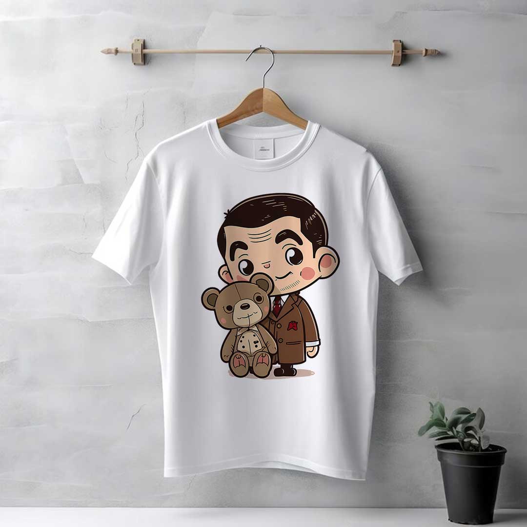 Men's White Cute Mr. Bean With Teddy T-Shirt - Image 2