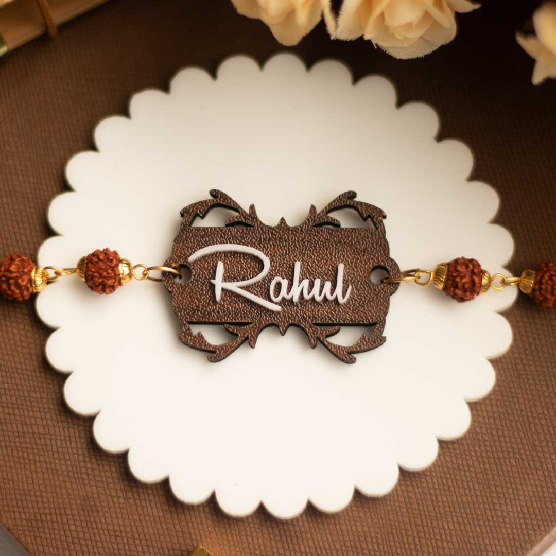 Personalized Name Rudraksha Rakhi for Brother - Image 3