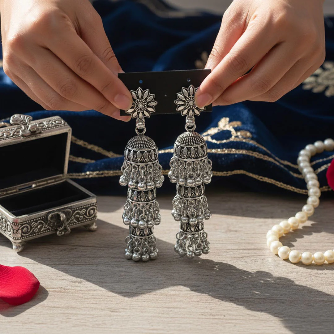 Oxidized Silver Jhumka Earrings for Women - Image 4