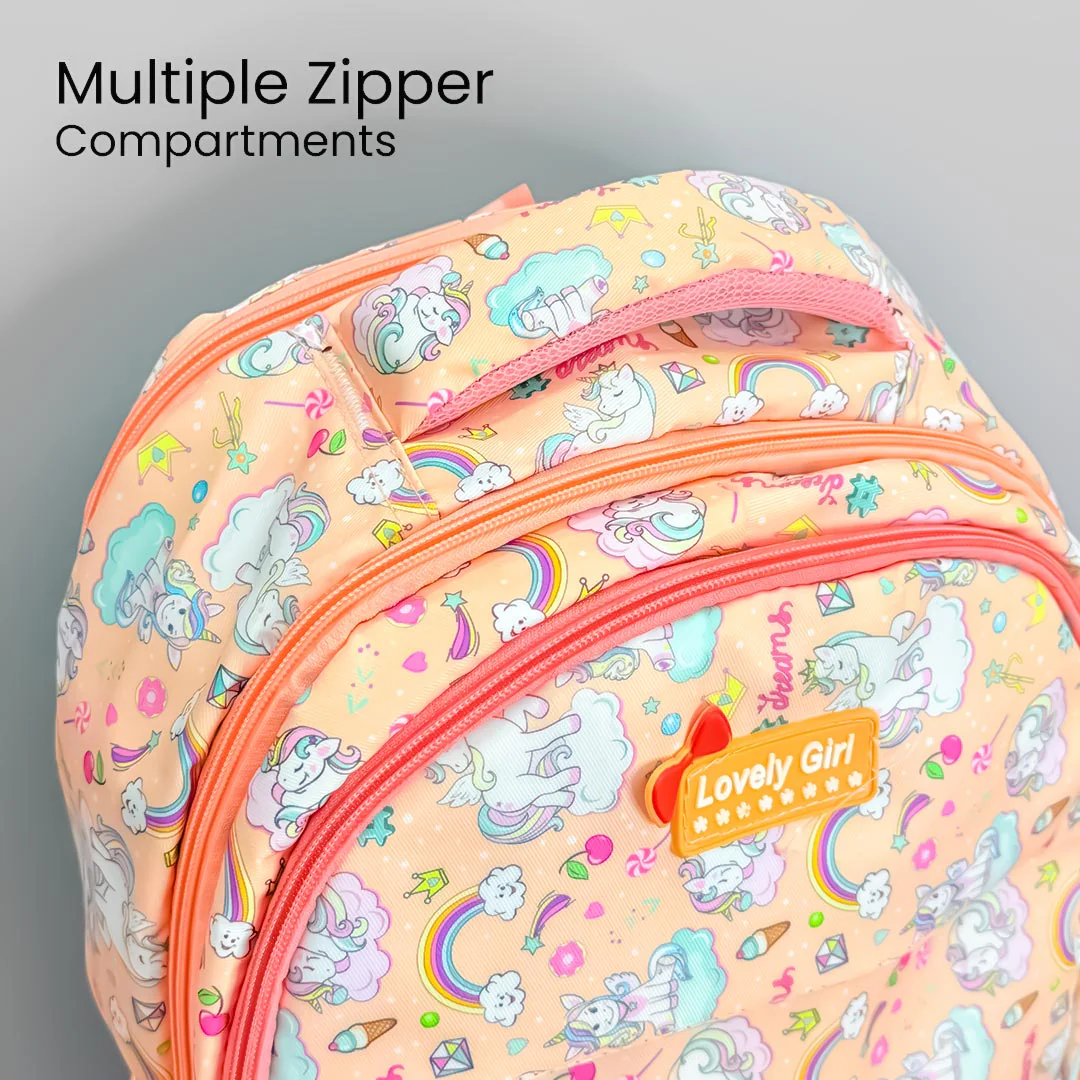Peach Unicorn School Backpack for Girls – Cartoon Print with Multiple Compartments - Image 3