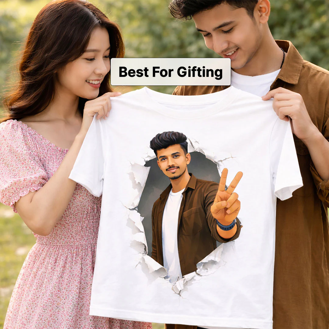 Personalized 3D Broken Wall Photo Print White T-Shirt - Image 3