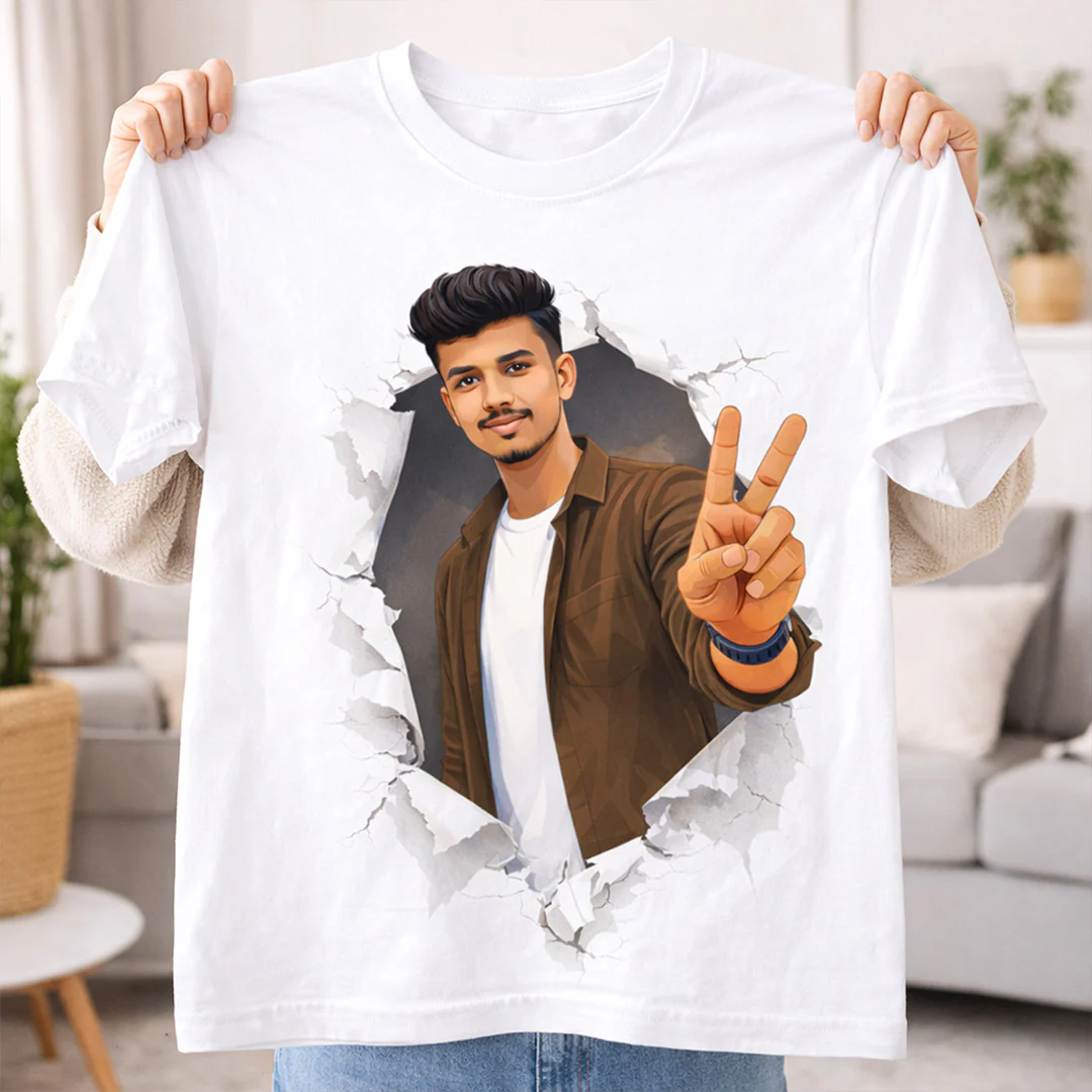 Personalized 3D Broken Wall Photo Print White T-Shirt - Image 4