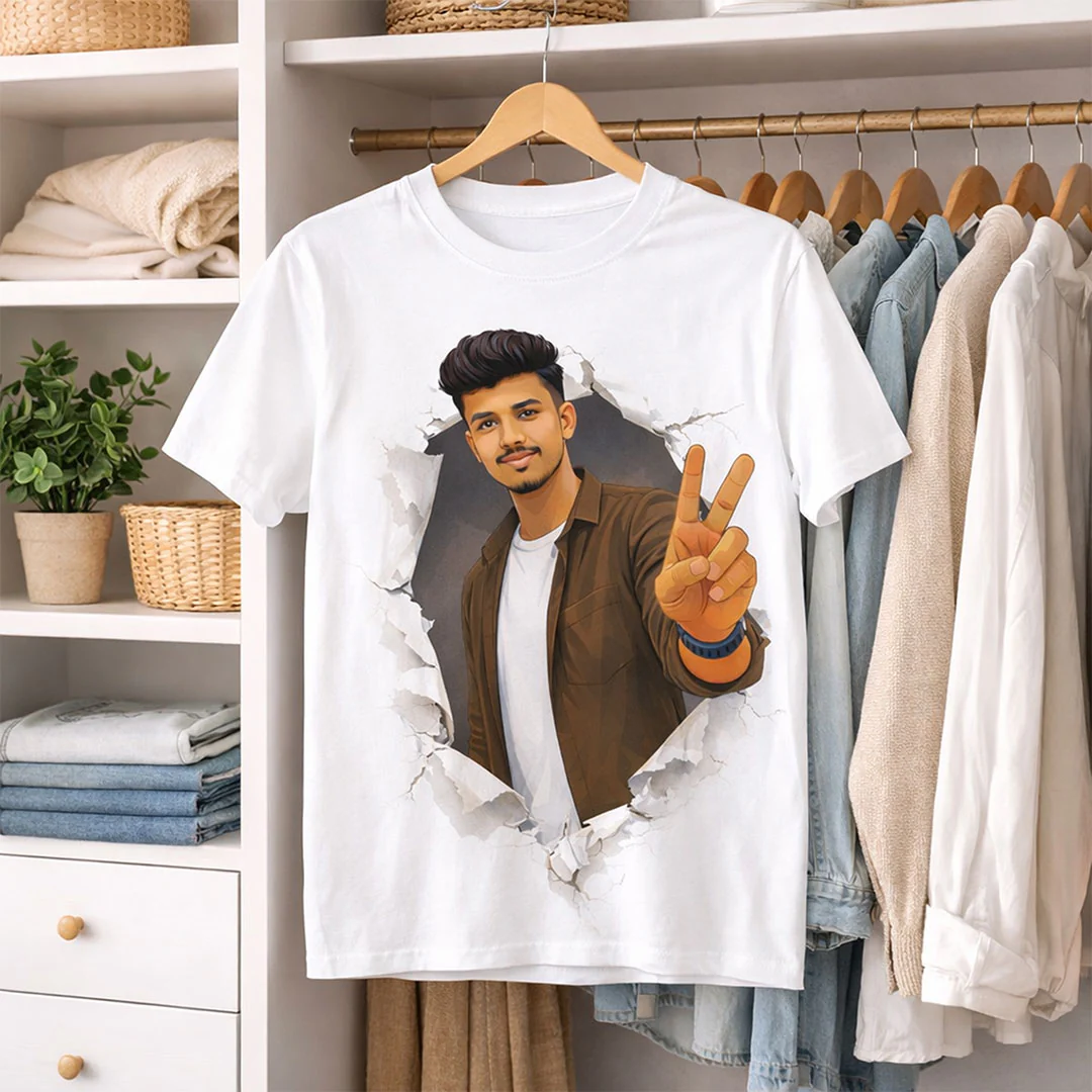 Personalized 3D Broken Wall Photo Print White T-Shirt - Image 5