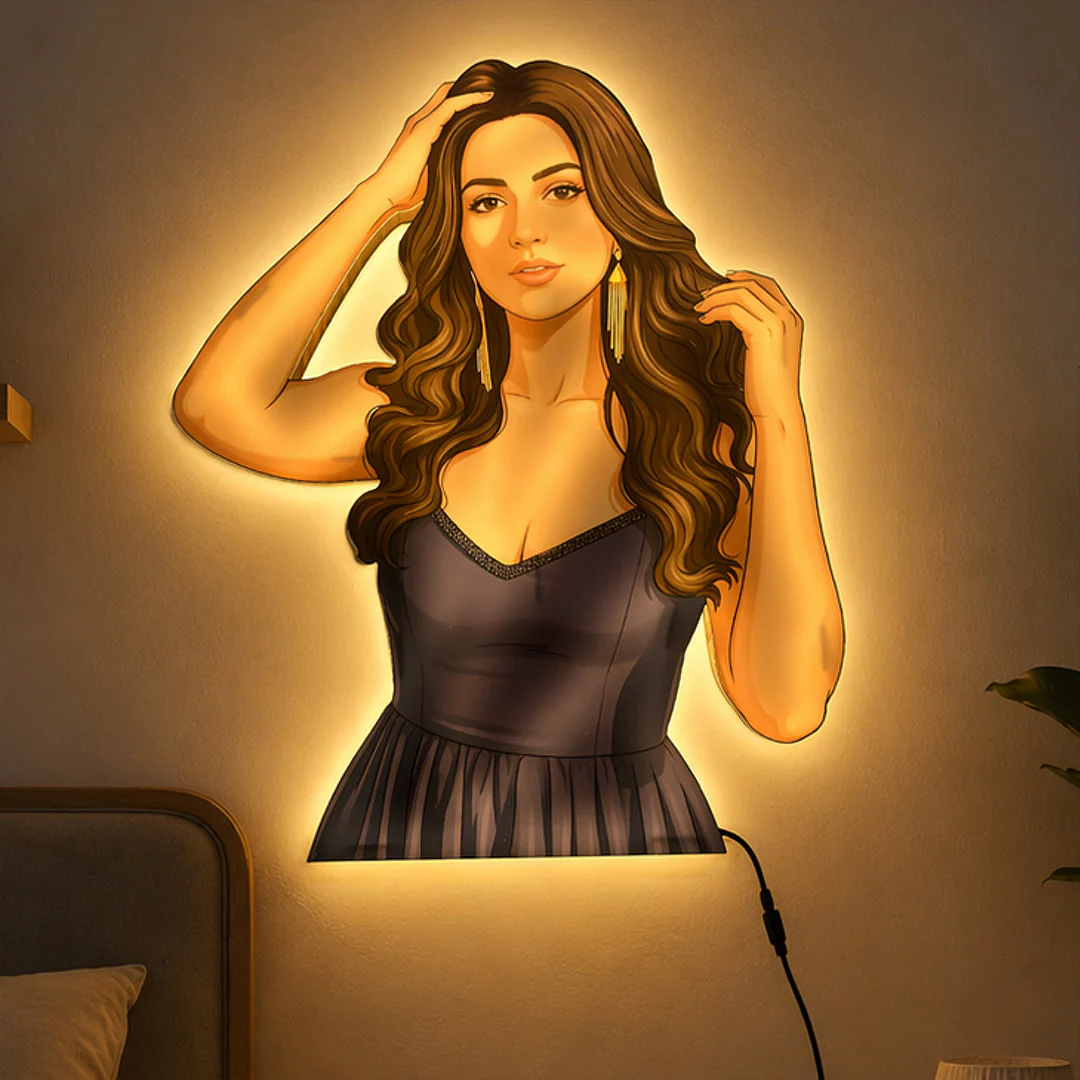 Personalized AI Cartoon Wooden 3D LED Photo Cutout Gift for Her (20x24")